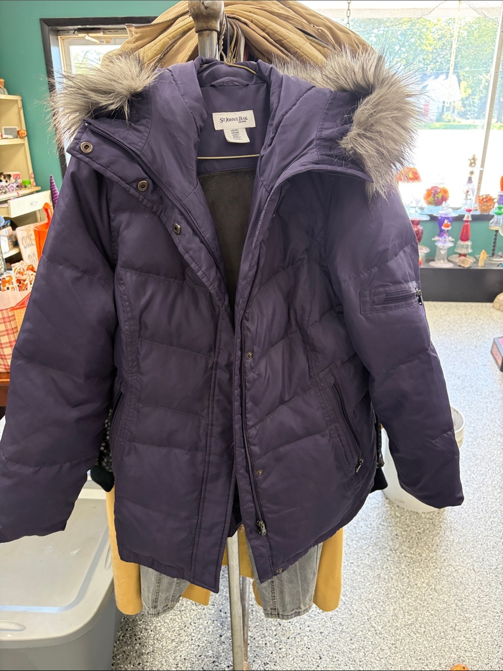 St. John's Bay women’s Purple Hooded Puffer Coat with Faux Fur Trim